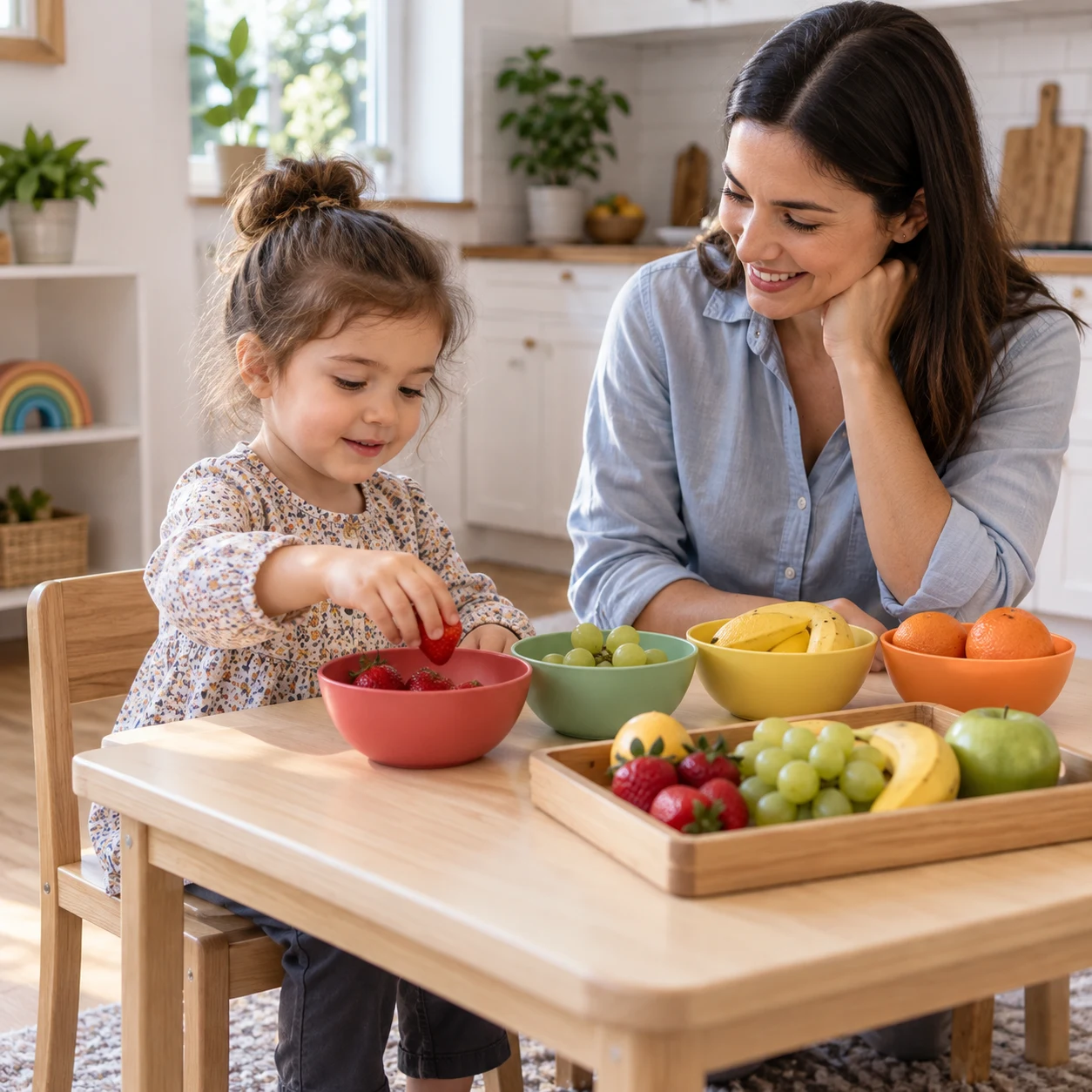 Madre e hija clasificando frutas por colores en una actividad de autonomía en la cocina