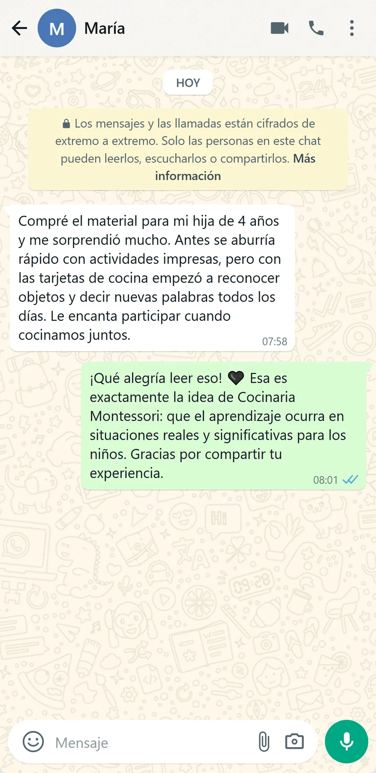 Mensaje de María sobre Cocinaria Montessori
